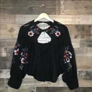 Free people black embroidered bell sleeved shirt